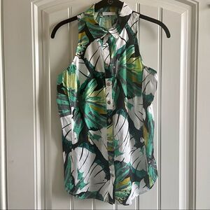 2/$22 New York & Company Green Floral Short Sleeve Button Up Top; SZ S; BNWT